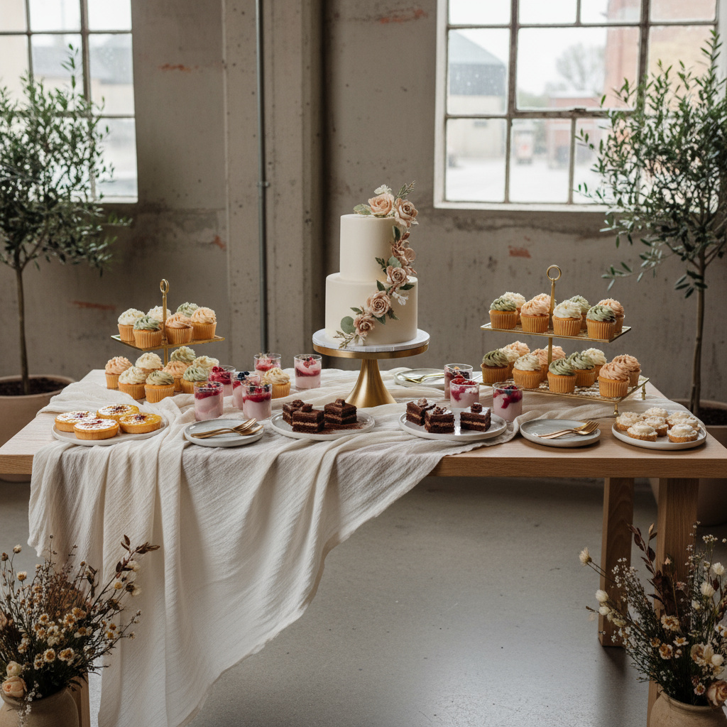 Dessert table with assorted pastries and centerpiece cake