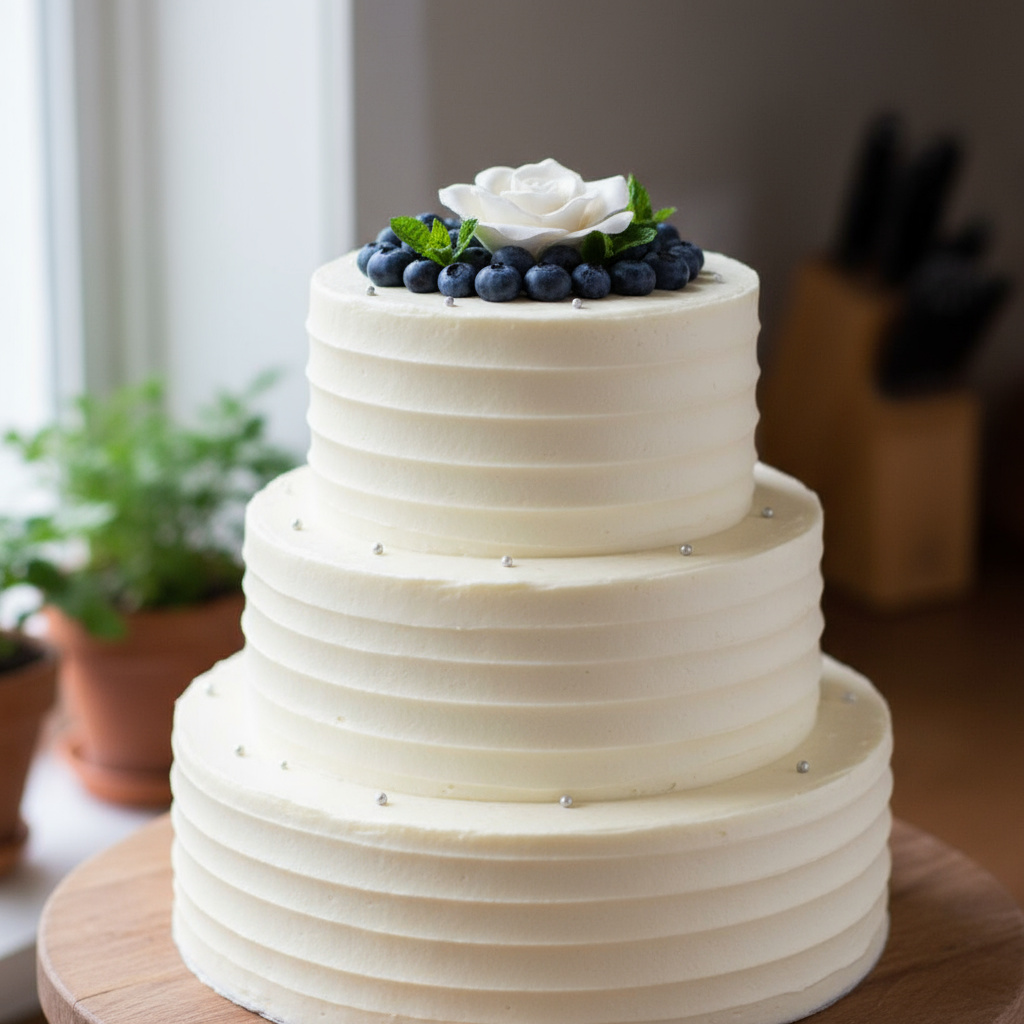 Close-up of a layered cake iced with simple decorations