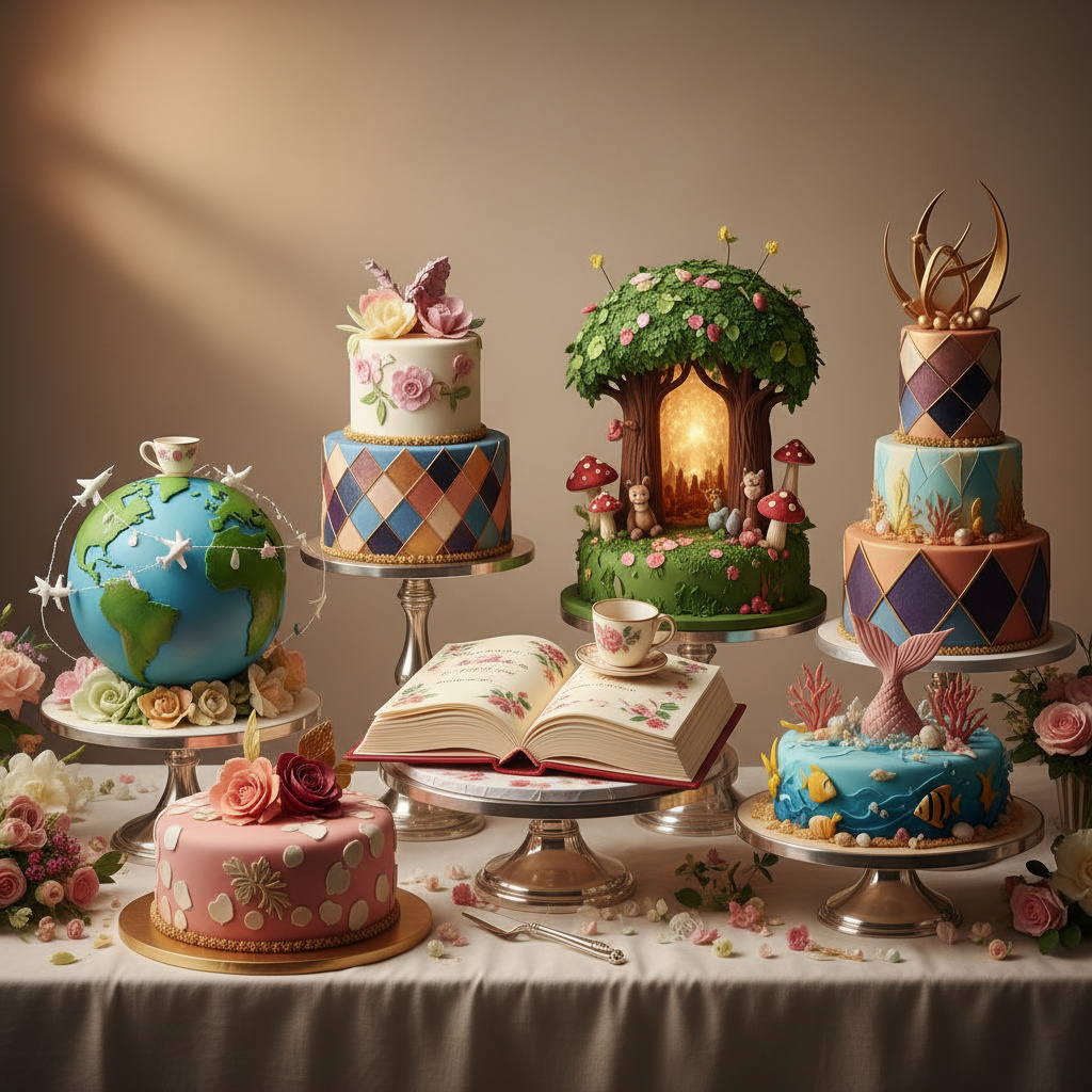 Assorted custom cakes on a display table